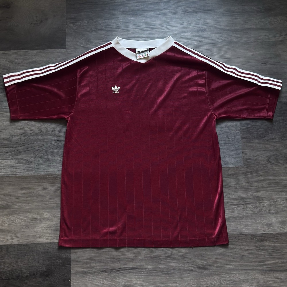 Vintage 90s Adidas Soccer Jersey Mens XL Burgundy Made in USA Striped V Neck